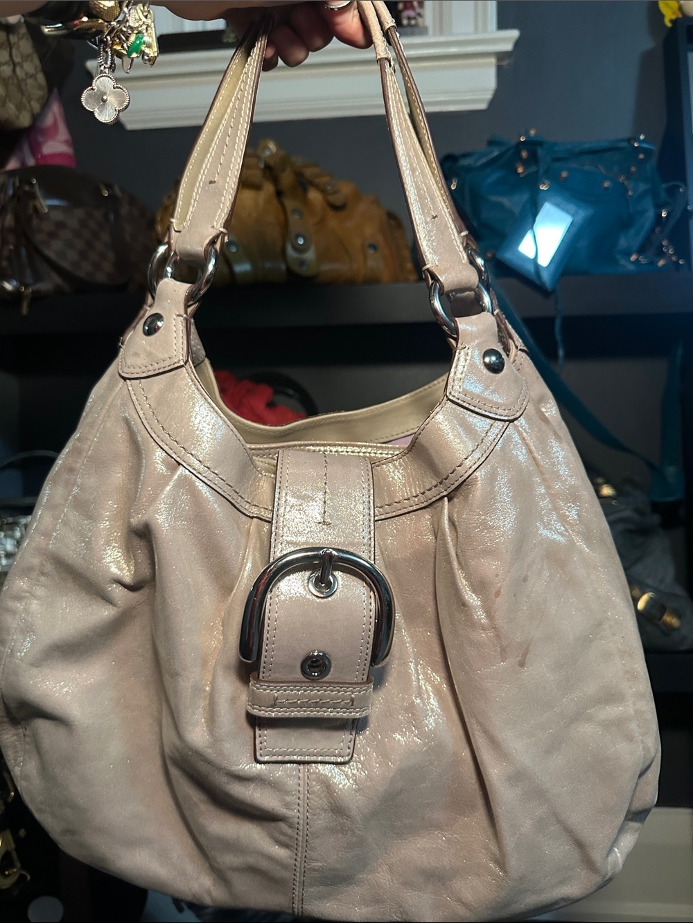Coach off white glitter Leather Shoulder Bag with Buckle Detail